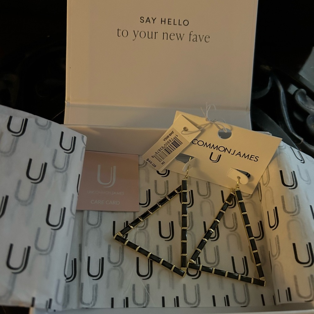 Uncommon James black and gold triangle earrings, new